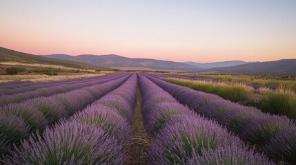 Sunset Serenity: Lavender Fields in Majestic Landscape