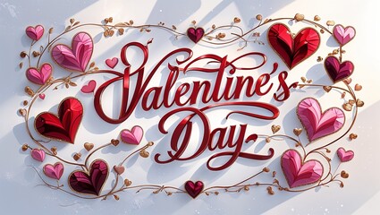 A valentine's day greeting written in calligraphy with heart decorations