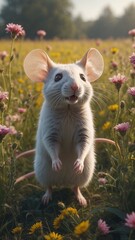 Adorable white mouse standing in a vibrant field of wildflowers, basking in the golden sunlight.