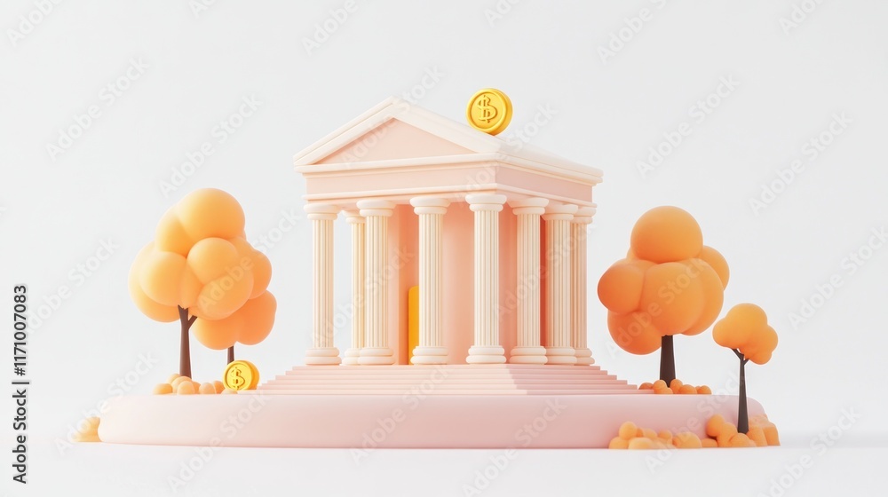 Poster 3D rendering of a stylized bank building with coins and trees.