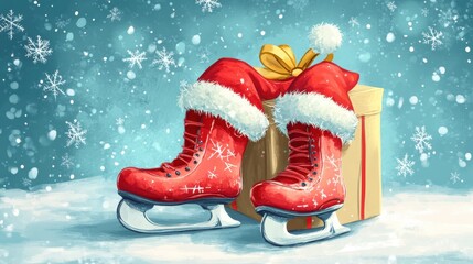 Ice skating shoe with gift box and Santa hat.