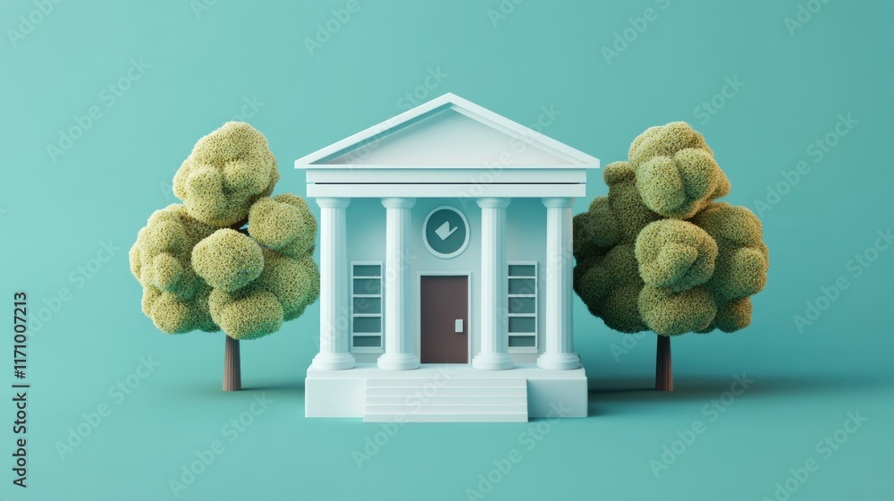 Leinwandbilder Simple 3D model of a classical building with two trees on a teal background.