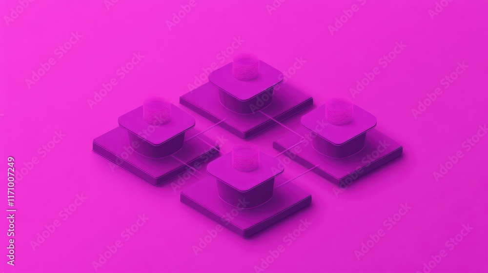 Poster Abstract 3D isometric network illustration with interconnected nodes on a vibrant pink background.