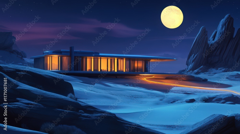 Poster Modern Desert House Illuminated Under Night Sky