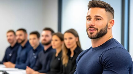 Obraz premium A confident man speaks during a business meeting, with attentive colleagues in the background, This image can be used for professional training materials, corporate presentations