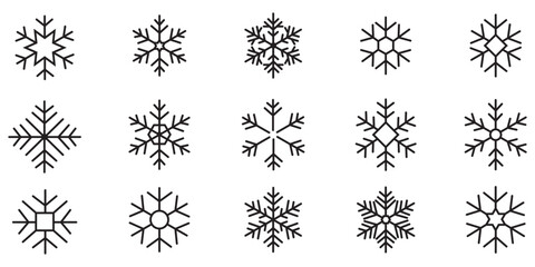 Snowflakes icon set. Snowflake simple black line icons. Vector snow black color. Winter icon. Christmas snow icons. Snowflake collection. Vector Illustration. 