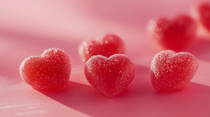 Fototapeta premium A scattering of red candy hearts on a soft background, creating a festive Valentine’s Day atmosphere.