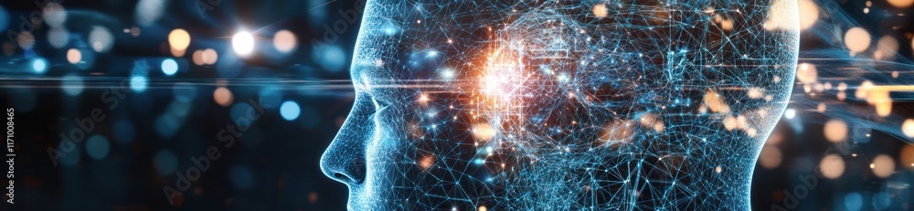 Aufkleber abstract digital human head profile with glowing network connections, bokeh background.