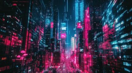 Fototapeta premium A vibrant, futuristic cityscape illuminated by neon lights and digital effects.