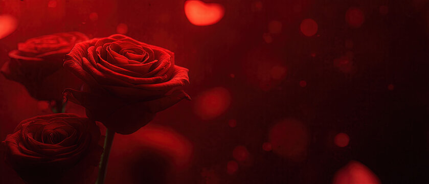 Banner web de rosas rojas se destacan de forma vibrante sobre un fondo oscuro. Sus exuberantes p&eacute;talos evocan sentimientos de amor y romance, lo que las hace ideales para regalar en ocasiones especial