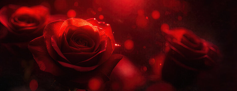 Banner web de hermosas rosas rojas que simbolizan el amor y la pasi&oacute;n en un rom&aacute;ntico d&iacute;a de San Valent&iacute;n