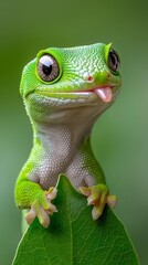 Fototapeta premium A green gecko sitting on top of a green leaf