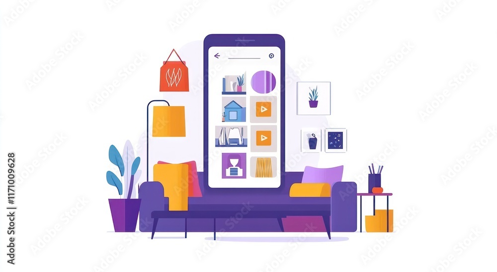 Poster online shopping app interface displayed on a smartphone in a living room setting.