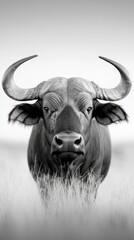Naklejka premium A black and white photo of a buffalo standing in tall grass