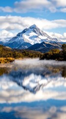 A mountain is reflected in the water of a lake
