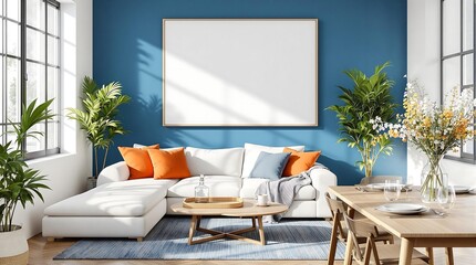 Modern Apartment Interior with Empty Living Room, Blank Blue Wall, and Dining Room Set with Table and Chairs