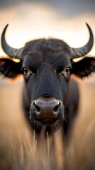 Naklejka premium A close up of a buffalo's face in a field