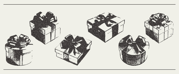 Vector set holiday gift box with bow. Trendy retro photocopy grain effect. Modern stipple dots texture for design art.