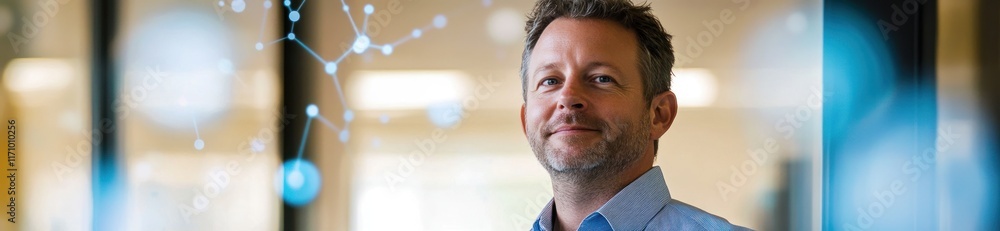 Poster portrait of a pensive man against a blurred background with network connections.