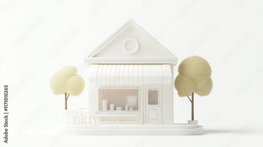 Aufkleber minimalist 3d rendering of a small white shop with trees and outdoor seating.