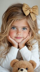 A little girl laying on a bed with a  bear