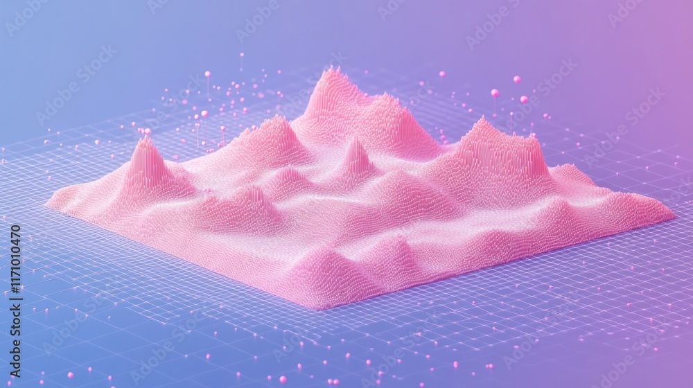 Poster Abstract 3D pink landscape with data points on grid.