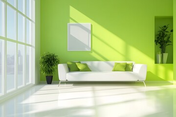 White sofa and green pillow with lime green wall for mock up