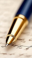 Fototapeta premium A blue and gold pen sitting on top of a piece of paper