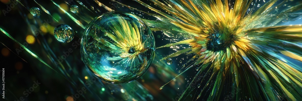 Poster abstract representation of vibrant bubbles and organic forms with a luminous effect.