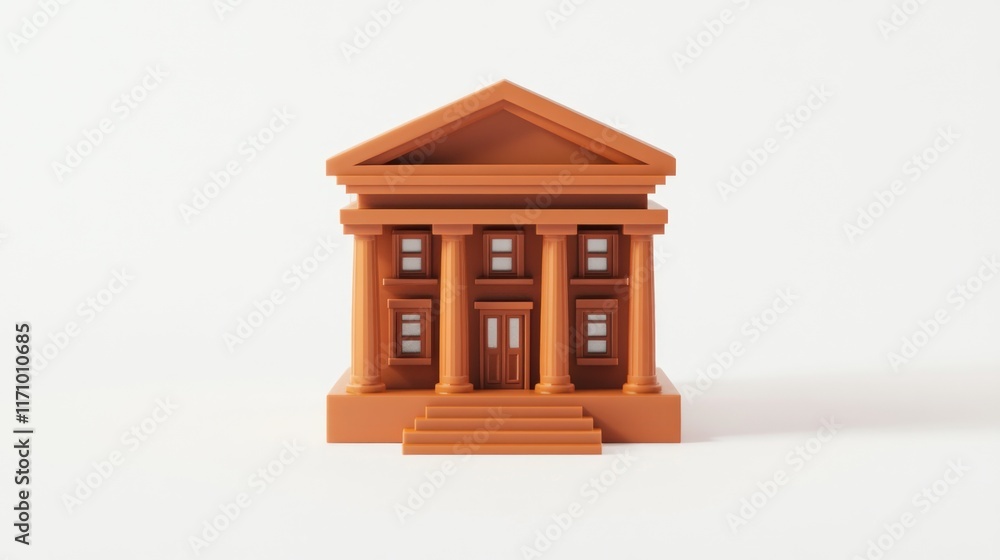 Poster miniature terracotta model of a classical building with columns and steps against a white background