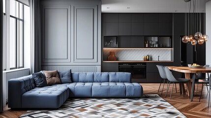 A stylish Scandinavian loft with light gray walls, a cobalt blue sectional sofa, and a geometric patterned rug. The kitchen area has sleek black cabinets and a wooden dining table with modern chairs.
