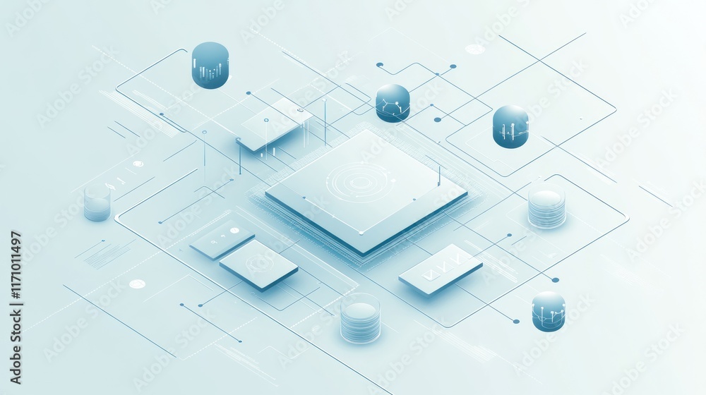 Fototapete Abstract isometric illustration of a network system with interconnected nodes and data elements.