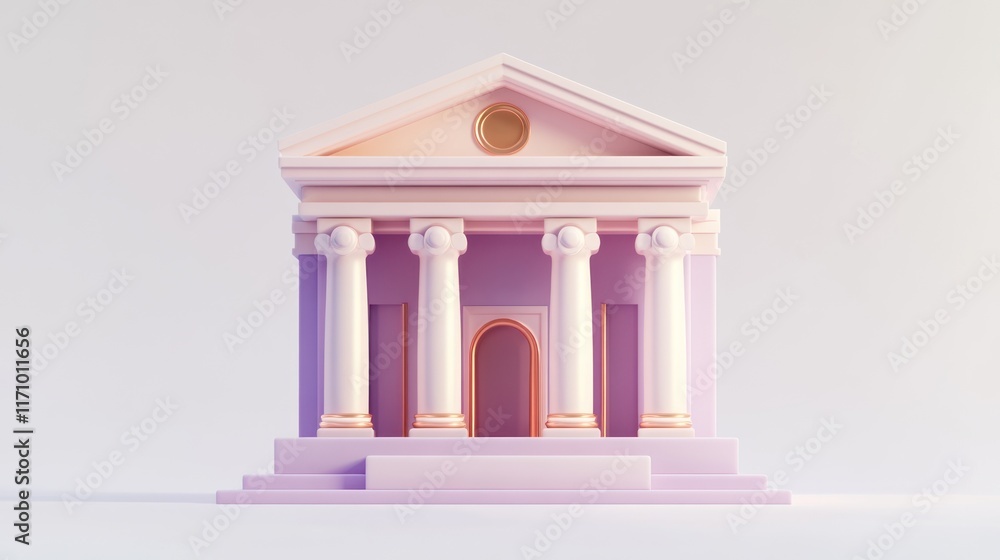 Poster Pastel pink minimalist 3D rendering of a classical building with columns and steps.