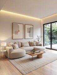 Fototapeta premium Richly Designed Luxury Living Room with Warm Lighting, Taupe Furniture, and Empty Space for Art Against Gray Walls