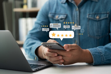Customer satisfaction survey via online application, consumers give five star rating, best service...