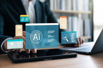 Human Using AI Artificial Intelligence in Work to Help Maximize Efficiency for Business, Applying AI in Human Daily Life to Help Analyze Data and Prioritize Life, Future Technology.