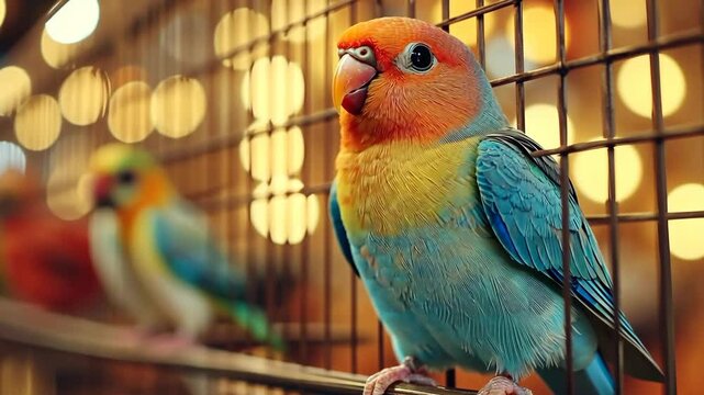 Vibrant parrot perched on cage with colorful bokeh background, generative ai video