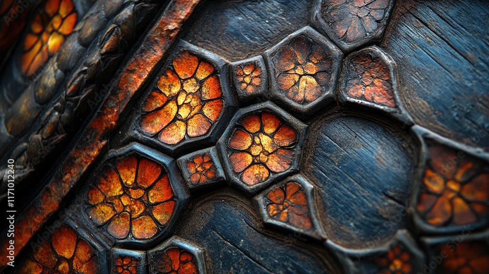 Poster close-up of a textured surface resembling a dragon's scale with glowing patterns.