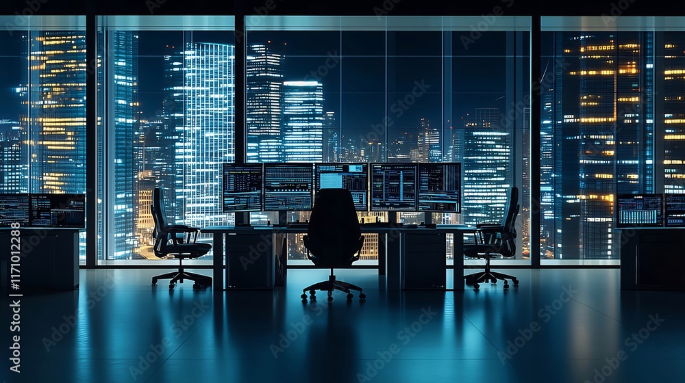 Poster night cityscape view from a modern office with multiple monitors and empty chairs.