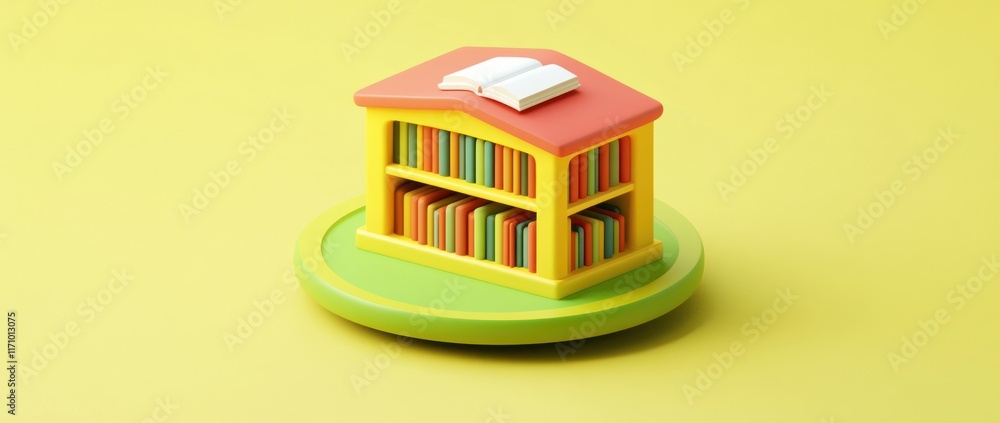 Aufkleber Colorful 3D model of a small house-shaped bookshelf with many colorful books and an open book on top, sitting on a green circular base against a yellow background.