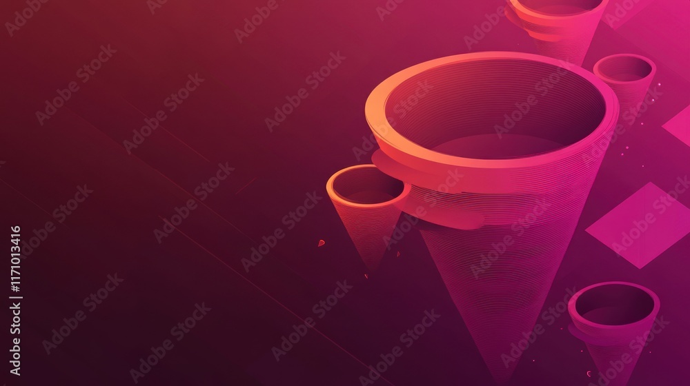 Aufkleber Abstract background with vibrant pink and red 3D cone shapes on a dark background.