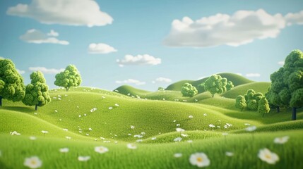 Idyllic green hills dotted with fluffy white flowers under a bright blue sky with scattered clouds.
