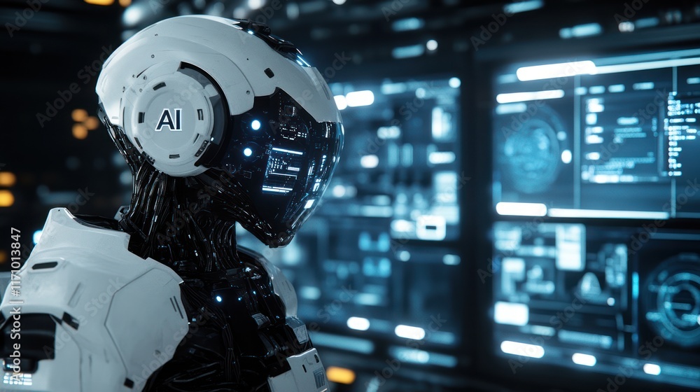 Poster futuristic ai robot in a control room with digital displays.