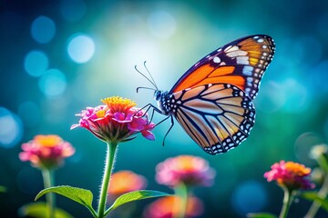 Fototapeta premium Minimalist Butterfly on Flower: Vibrant Bloom and Insect Closeup