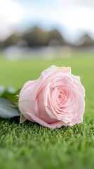 A single pink rose sitting on top of a lush green field