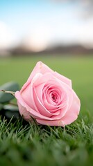 A single pink rose sitting on top of a lush green field
