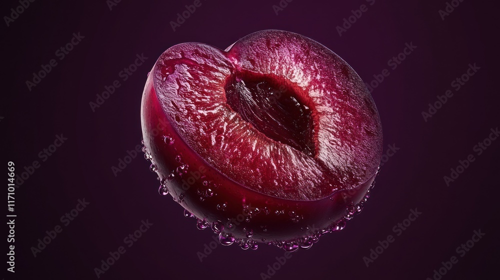 Poster close-up of a halved red plum with water droplets, isolated on a dark purple background.