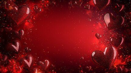 Romantic red background with scattered heart patterns with space for text. Valentine concept.