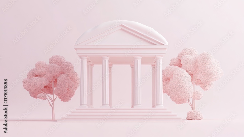 Aufkleber minimalist 3d render of a classical temple with pink trees on a pink background.