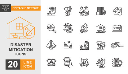 Disaster mitigation line editable icon set. Storm, tornado, volcano, flood, danger, climate and more line icons